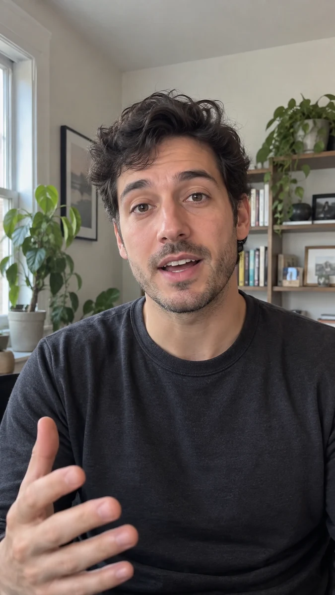 AI-generated creator speaking directly to camera in a home office.